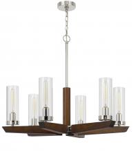  FX-3756-6 - 60W x 6 Ercolano pine wood/metal chandelier with clear glass shade (Edison bulbs NOT included)